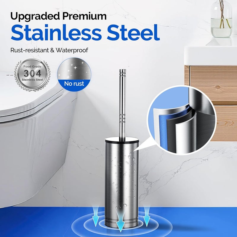 HAMITOR Toilet Brush and Holder Set: 304 Stainless Steel Rustproof Toilet Scrubber with Under Rim Deep Cleaning Curved Bristle - Bathroom Cleaner Brush for Renters Homeowners Family Silver 2 Pack - Image 3